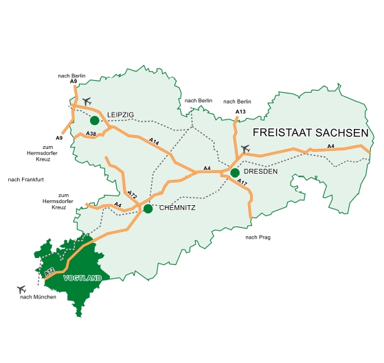 Bild vergr&ouml;&szlig;ern: Stra�ennetzkarte des Freistaates Sachsen, in der der Vogtlandkreis gr�n markiert dargestellt wird.
