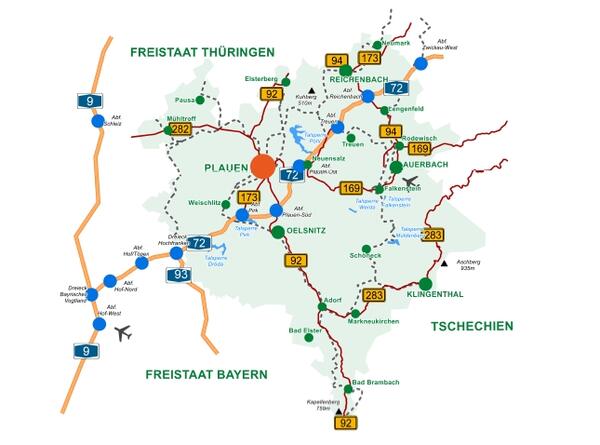 Bild vergr&ouml;&szlig;ern: Anfahrtsskizze der durchlaufenden Autbahnen im Vogtlandkreis