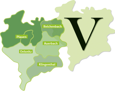 Bild vergr&ouml;&szlig;ern: Das Bild zeigt eine Karte mit dem Umriss des Vogtlandkreises und den gro�en Kreisst�dten eingezeichnet.