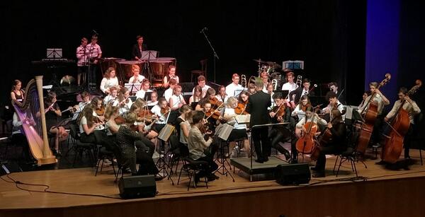 Bild vergr&ouml;&szlig;ern: Das Bild zeigt ein Sinfonieorchester aus Bl&auml;sern und Streichern mit jungen Musikerinnen und Musikern. Sie stehen und sitzen auf einer B&uuml;hne. Davor steht der Dirigent.