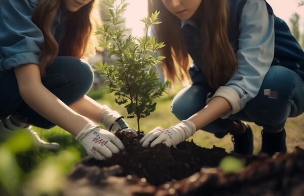 Bild vergr&ouml;&szlig;ern: Auf dem Bild pflanzen zwei M&auml;dchen einen Baum.
