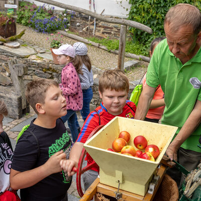 Bild vergr&ouml;&szlig;ern: &Auml;pfel werden zerkleinert, daraus wird anschliesend Apfelsaft hergestellt