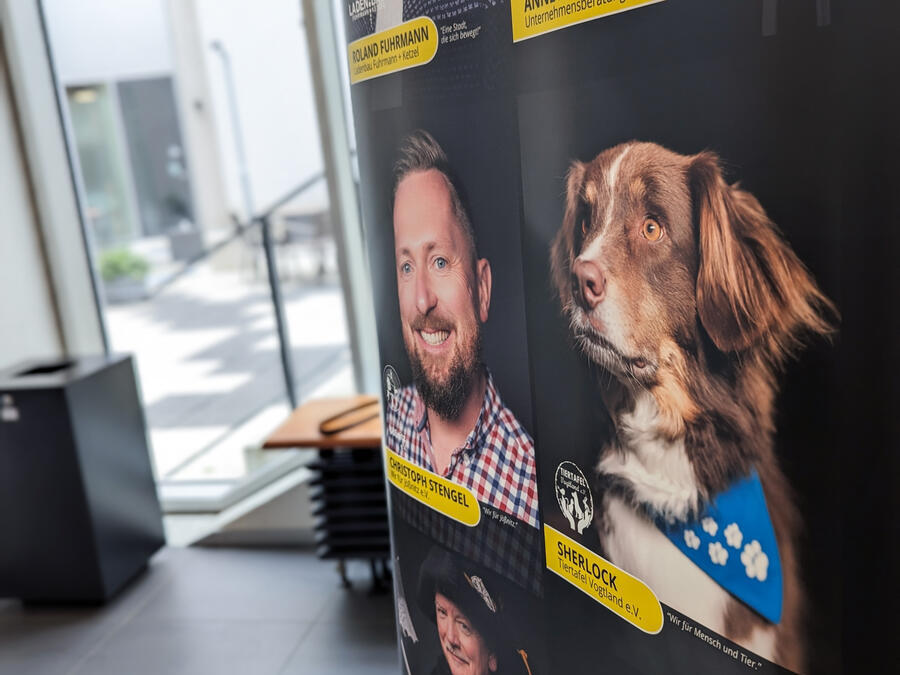 Auf einem Bild ist ein Hund zu sehen. Darunter steht "Sherlock Tiertafel"