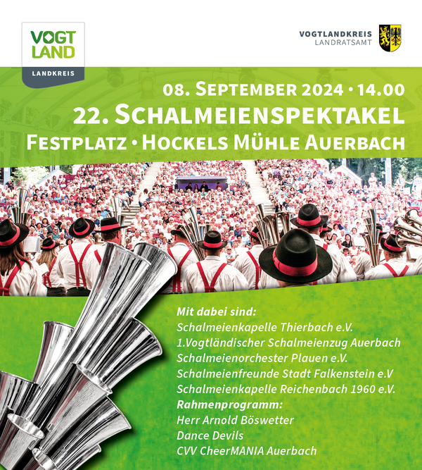 Bild vergr&ouml;&szlig;ern: Flyer 22. Schalmeienspektakel auf dem Festplatz "Hockels M�hle" in Auerbach