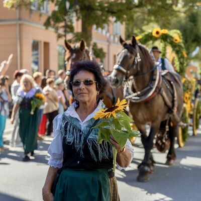 Bild vergr&ouml;&szlig;ern: Frau im traditionellen Kleid beim Festumzug.