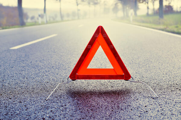 Bild vergr&ouml;&szlig;ern: Das Bild zeigt ein Warndreieck auf grauem Asphalt. Im Hintergrundist eine Allee aus B�umen zu erkennen.