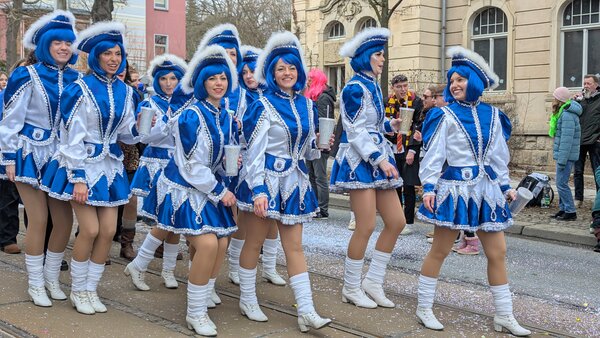 Bild vergr&ouml;&szlig;ern: Eine Tanzgruppe l�uft beim Faschingsumzug Plauen mit. Ihre Kost�me sind blau und wei�.