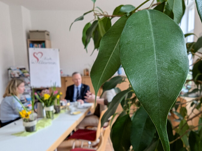 Im Vordergrund ist eine Pflanze zu sehen, im Hintergrund l&auml;uft ein Gespr&auml;ch.