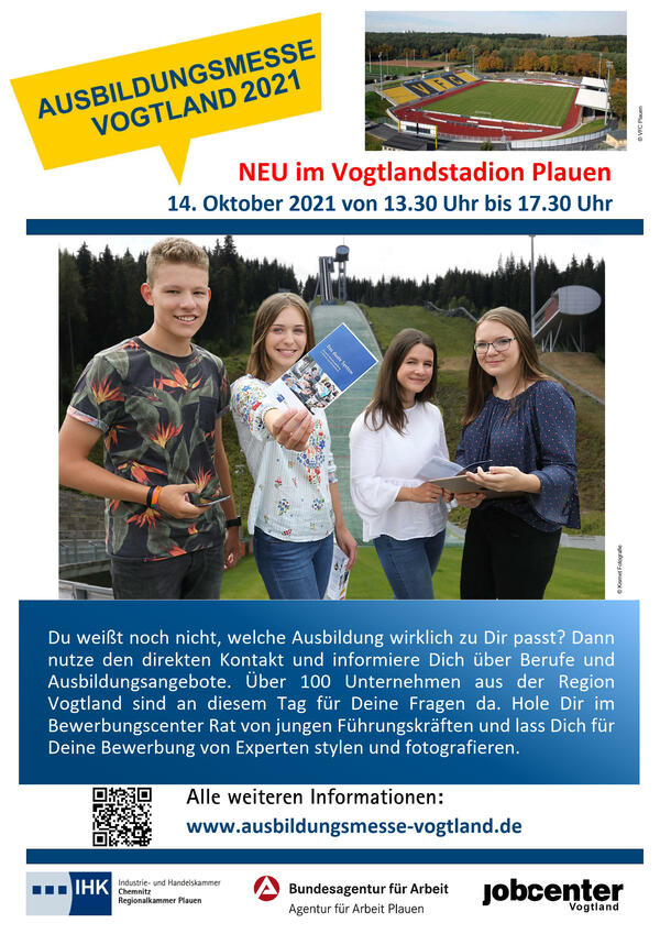 Bild vergr&ouml;&szlig;ern: Das Plakat Ausbildungsmesse wirbt f�r die 13. Auflage der Ausbildungsmesse Vogtlandkreis, die  am 14.Oktober im Vogtland Stadion stattfindet.