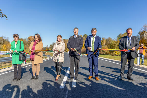Bild vergr&ouml;&szlig;ern: Auf dem Bild sieht man den Parlamentarischen Staatssekret�r im Verkehrsministerium, Steffen Bilger (Mitte), Sachsens Wirtschaftsminister Martin Dulig, die frischgebackene Bundestagsvizepr�sidentin Yvonne Magwas, Vertreter der vier G�ltzschtalkommunen und Gesch�ftsbereichsleiter Lars Beck (rechts). Sie gaben die Stra�e f�r den Verkehr frei.