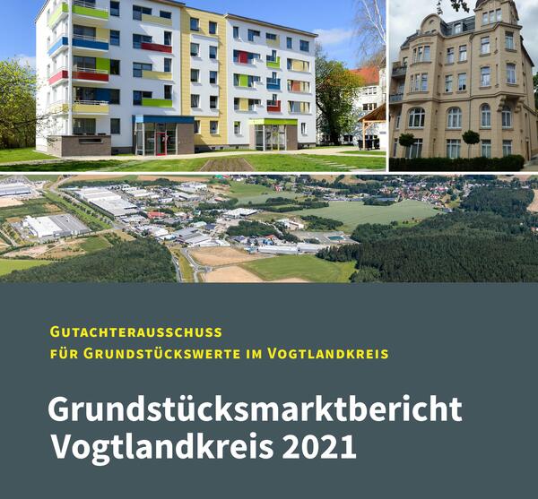 Bild vergr&ouml;&szlig;ern: Das Bild zeigt das Titelbild dieses Grundst�cksmarktberichtes 2021. Darauf abgebildet ist ein Wohnblock, ein Altbau und eine Luftaufnahme.